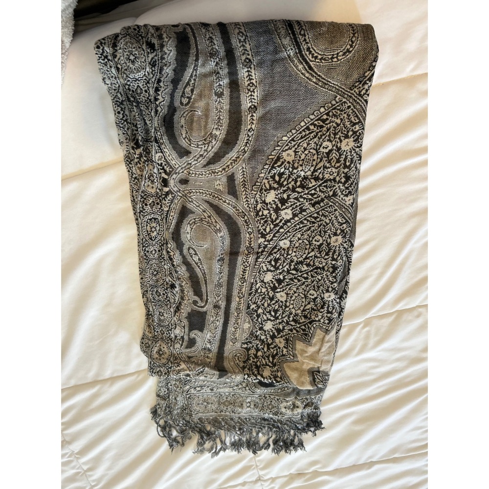 Black and Taupe Paisley Pashmina Shawl Fringe Wrap Scarf